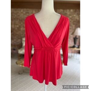 Boden Top V-Neck Empire Waist Red Ruched Knit 10P Flowy Classic Office Chic Posh